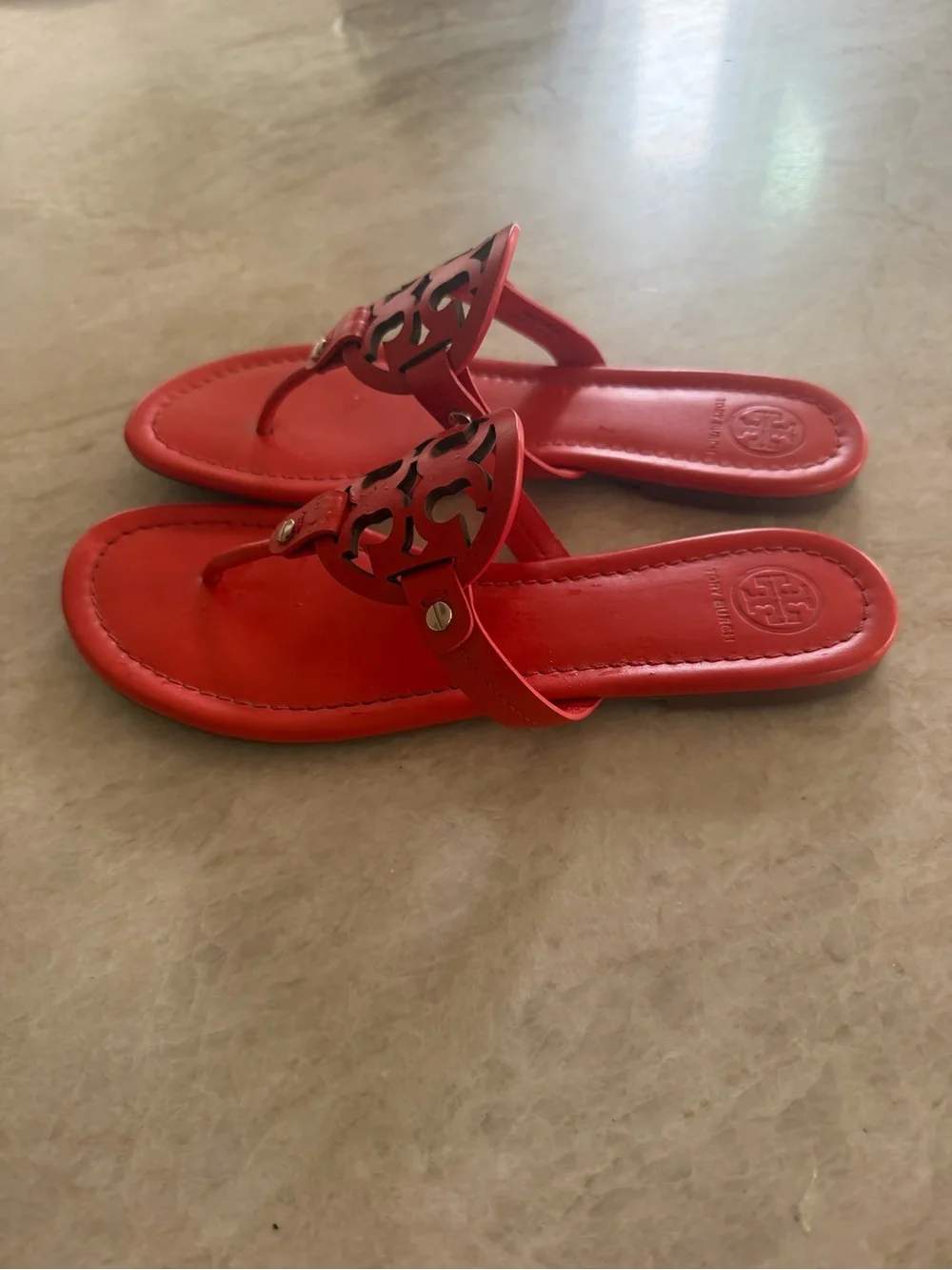 Tory Burch Bright Red Logo Leather Thong Sandals